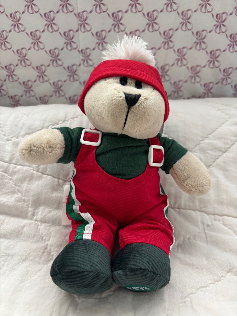 Starbucks 2019 "Bearista" in Red Overalls and Green Shirt with White Pom Hat